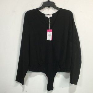 Rampage Long Sleeve V-Neck Bodysuit, Women's Size XL - Solid Black